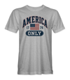 The Alex Jones Store - Front of heather gray America Only Collegiate t-shirt with navy arched AMERICA lettering, 1776 flag and ONLY pill