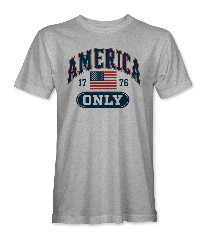 The Alex Jones Store - Front of heather gray America Only Collegiate t-shirt with navy arched AMERICA lettering, 1776 flag and ONLY pill
