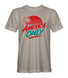 The Alex Jones Store - Front of tan America Only Tropical Sunset t-shirt with red palm tree, striped sun and teal ONLY lettering