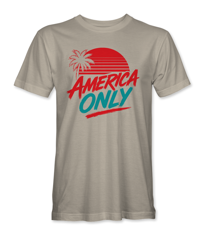 The Alex Jones Store - Front of tan America Only Tropical Sunset t-shirt with red palm tree, striped sun and teal ONLY lettering