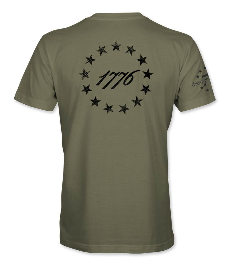 The Alex Jones Store - Back of olive green 1776 America Supply Co t-shirt with black 13-star Betsy Ross ring around 1776 numerals