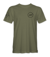 The Alex Jones Store - Front of olive green 1776 America Supply Co t-shirt with small left-chest Betsy Ross ring and 1776 numerals