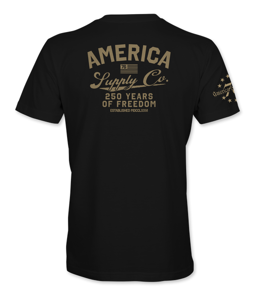 The Alex Jones Store - Back of black America Supply Co 250 Years Of Freedom t-shirt with tan vintage text print and stars sleeve detail