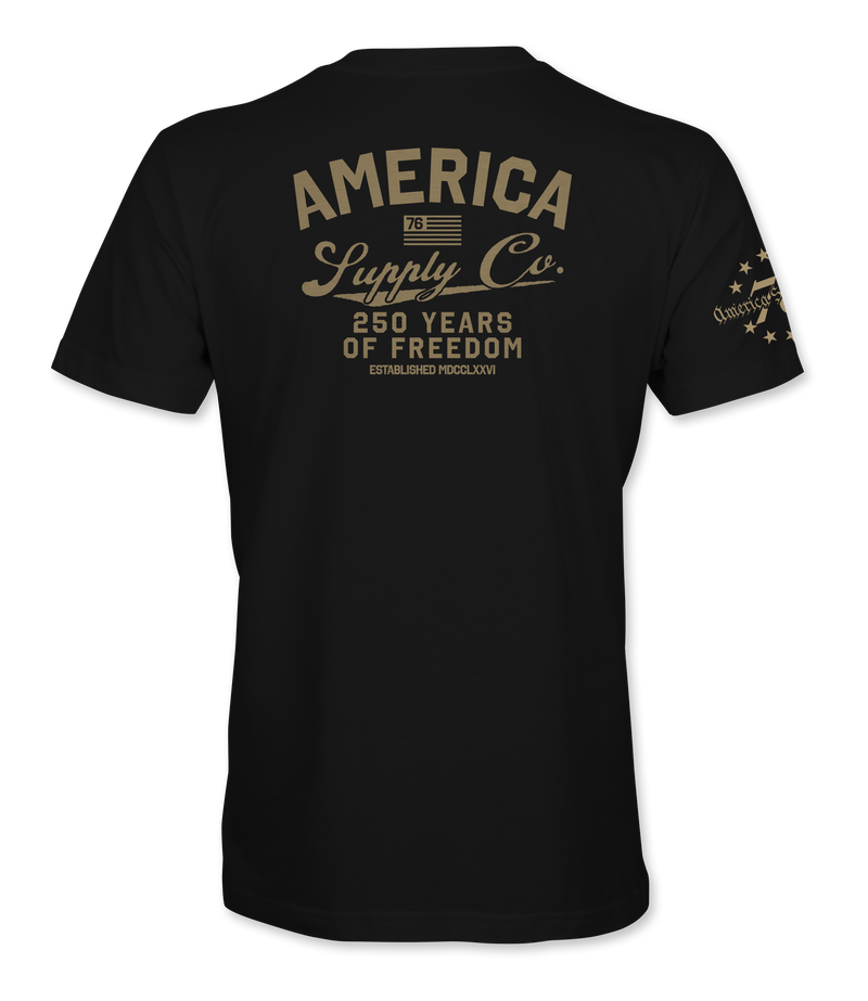 The Alex Jones Store - Back of black America Supply Co 250 Years Of Freedom t-shirt with tan vintage text print and stars sleeve detail