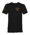 The Alex Jones Store - Front of black America Supply Co 250 Years Of Freedom t-shirt with small tan left-chest logo and stars sleeve print