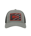 The Alex Jones Store - Front view of grey America Supply Co patch trucker hat with red-bordered American flag Est. 1776 woven patch