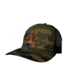 The Alex Jones Store - Angled side view of camo America Supply Co Gadsden leather patch trucker hat with rattlesnake patch and black mesh back