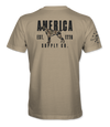 The Alex Jones Store - Back of tan America Supply Co Hunting Dog t-shirt with black camo-filled pointer dog and Est. 1776 banner print