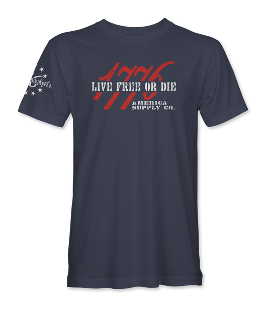 The Alex Jones Store - Front of navy Live Free Or Die t-shirt with distressed red 1776 numerals layered behind white slogan text