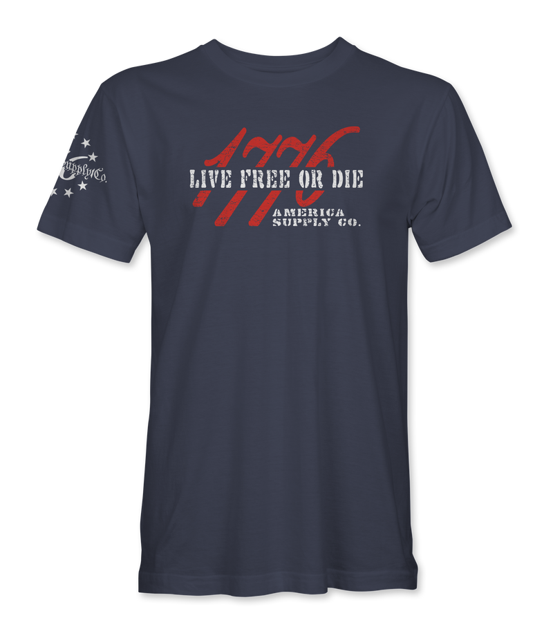 The Alex Jones Store - Front of navy Live Free Or Die t-shirt with distressed red 1776 numerals layered behind white slogan text