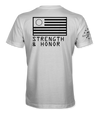 The Alex Jones Store - Back of white Strength & Honor t-shirt with large black Betsy Ross 13-star flag above bold slogan text