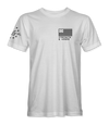 The Alex Jones Store - Front of white Strength & Honor t-shirt with small black Betsy Ross flag and slogan left-chest print