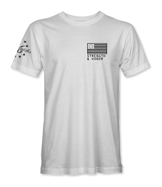 The Alex Jones Store - Front of white Strength & Honor t-shirt with small black Betsy Ross flag and slogan left-chest print