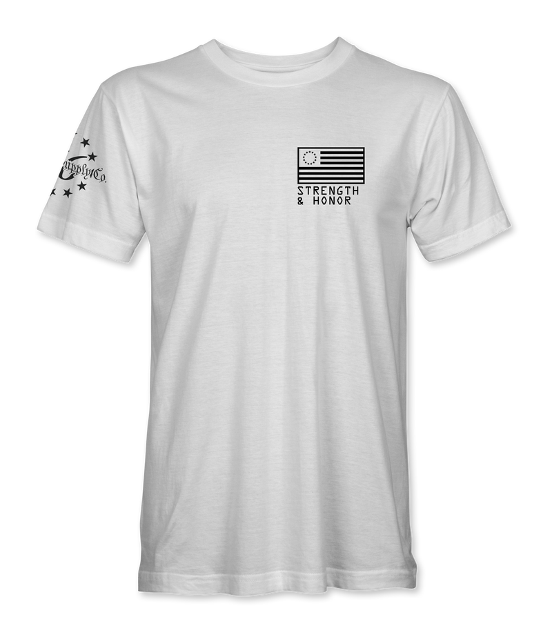 The Alex Jones Store - Front of white Strength & Honor t-shirt with small black Betsy Ross flag and slogan left-chest print