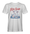 The Alex Jones Store - White 'Fed Slop' t-shirt with cartoon sheep eating from bowl labeled 'Trusted Source' and 'Official Story' juice box