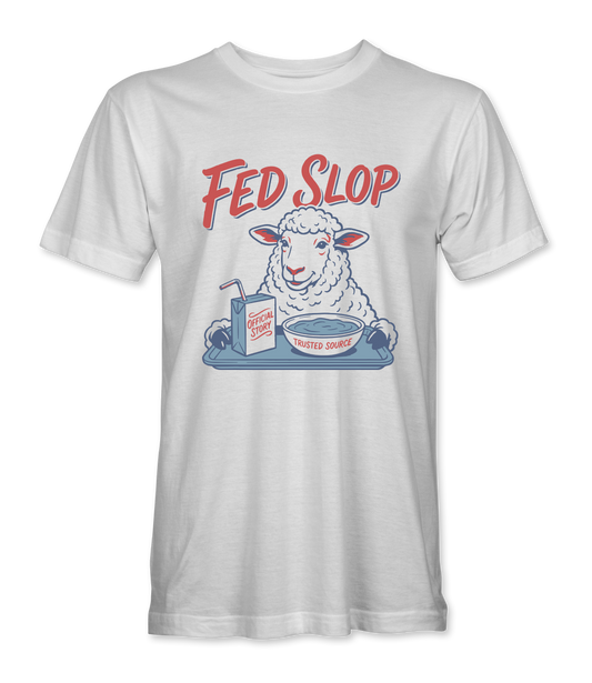 The Alex Jones Store - White 'Fed Slop' t-shirt with cartoon sheep eating from bowl labeled 'Trusted Source' and 'Official Story' juice box