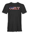 The Alex Jones Store - Front of black America Only Flag t-shirt with ONLY in block letters filled with a weathered American flag