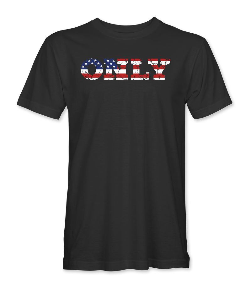The Alex Jones Store - Front of black America Only Flag t-shirt with ONLY in block letters filled with a weathered American flag