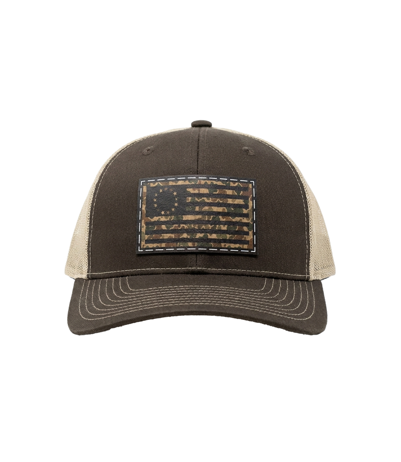 The Alex Jones Store - Betsy Ross Camo Flag Leather Patch Trucker Hat - front