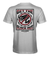 The Alex Jones Store - Back of white Get The Flock Out t-shirt with crossed-out surveillance camera and barbed wire design