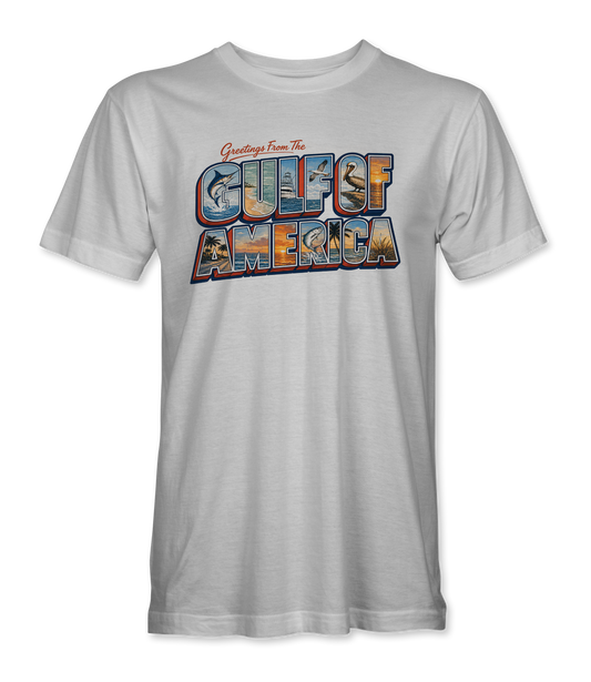 The Alex Jones Store - Front of white Greetings From The Gulf of America retro postcard t-shirt