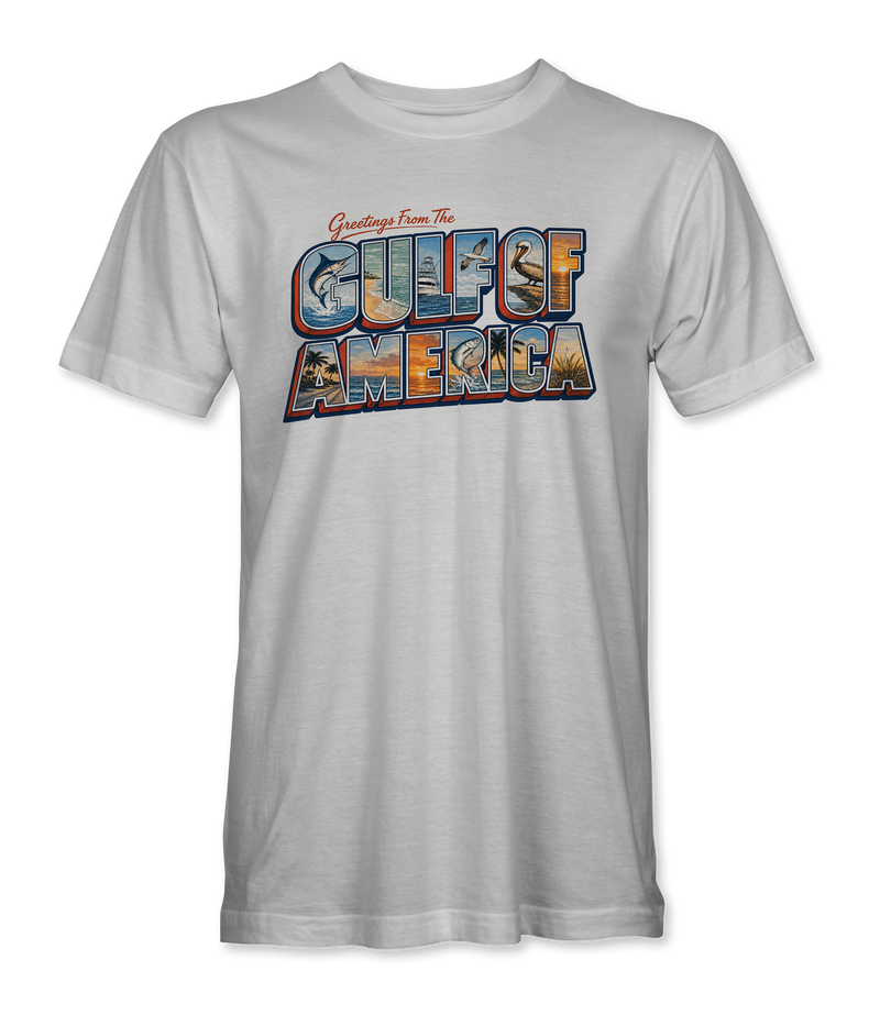 The Alex Jones Store - Front of white Greetings From The Gulf of America retro postcard t-shirt