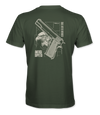 The Alex Jones Store - Back of olive green Shall Not Be Infringed t-shirt with bald eagle and 1911 pistol blueprint design