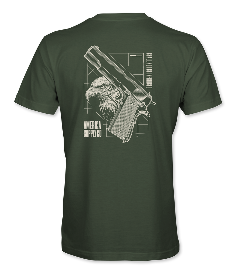 The Alex Jones Store - Back of olive green Shall Not Be Infringed t-shirt with bald eagle and 1911 pistol blueprint design