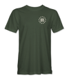 The Alex Jones Store - Front of olive green Shall Not Be Infringed t-shirt with small left-chest thirteen-star ring