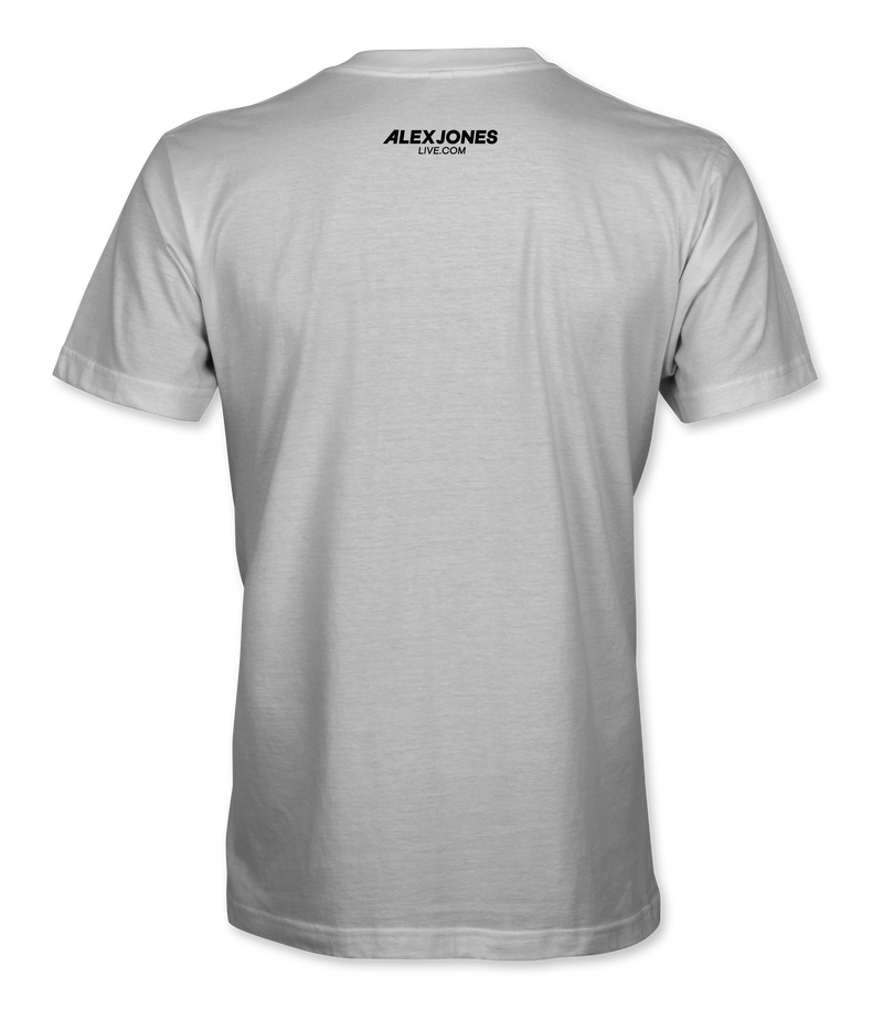 The Alex Jones Store - Back of white Alex Jones Gun Rant t-shirt with Alex Jones Live logo