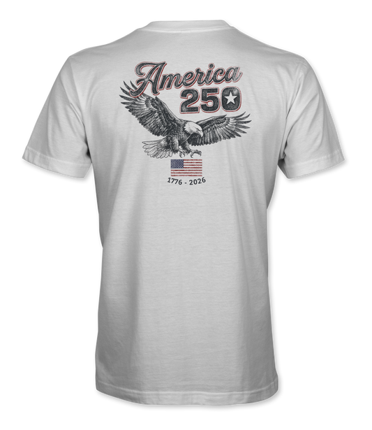 The Alex Jones Store - Back view of white America 250 Flying Eagle t-shirt with vintage eagle graphic, '1776-2026' text and American flag print
