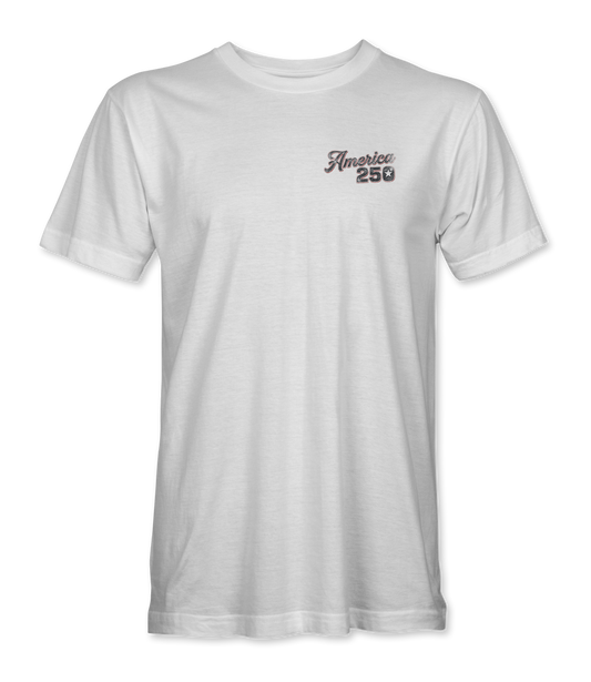 The Alex Jones Store - America 250 Flying Eagle T-Shirt — Front of white unisex tee with small 'America 250' script logo on left chest, premium ringspun cotton