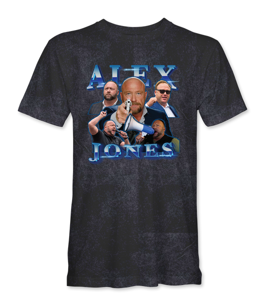 The Alex Jones Store - Front of Vintage Black Alex Jones retro collage limited edition mineral wash t-shirt