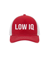 The Alex Jones Store - Red and white 'Low IQ' Limited Edition trucker hat with bold white text on structured red front and white mesh back