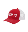 The Alex Jones Store - Side angle of red and white 'Low IQ' Limited Edition trucker hat showing pre-curved visor and mesh back panel