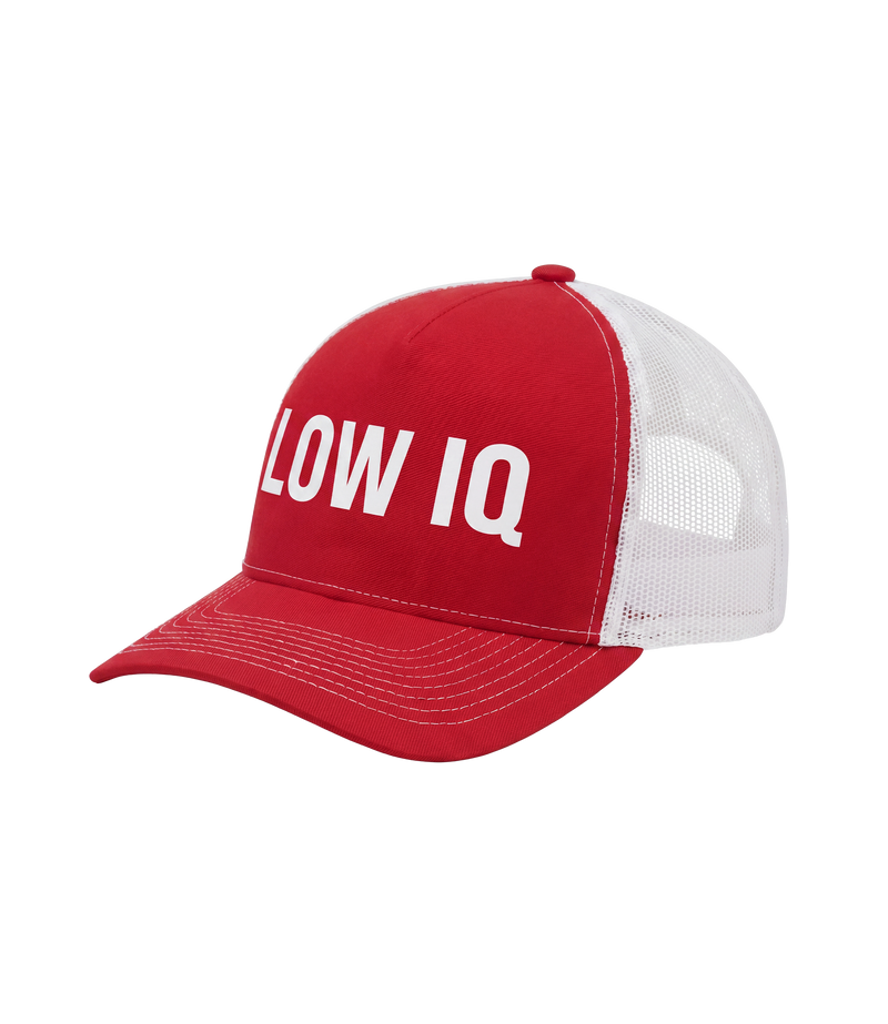 The Alex Jones Store - Side angle of red and white 'Low IQ' Limited Edition trucker hat showing pre-curved visor and mesh back panel