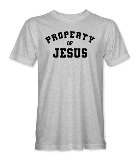 The Alex Jones Store - Heather grey Property Of Jesus t-shirt with large arched black collegiate-style chest text design