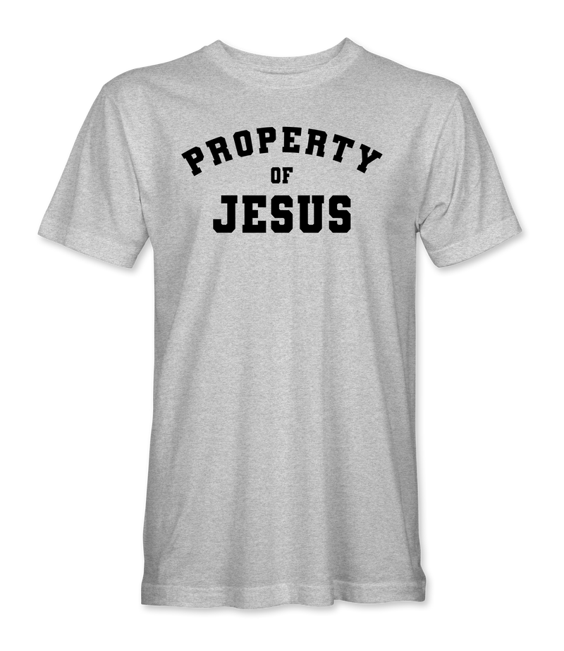 The Alex Jones Store - Heather grey Property Of Jesus t-shirt with large arched black collegiate-style chest text design