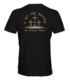 The Alex Jones Store - Back view of black 'A Lot Can Happen In Three Days' t-shirt with three crosses on a hill and tan script Easter design