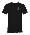The Alex Jones Store - Front of black 'A Lot Can Happen In Three Days' t-shirt with small tan three-crosses graphic at left chest