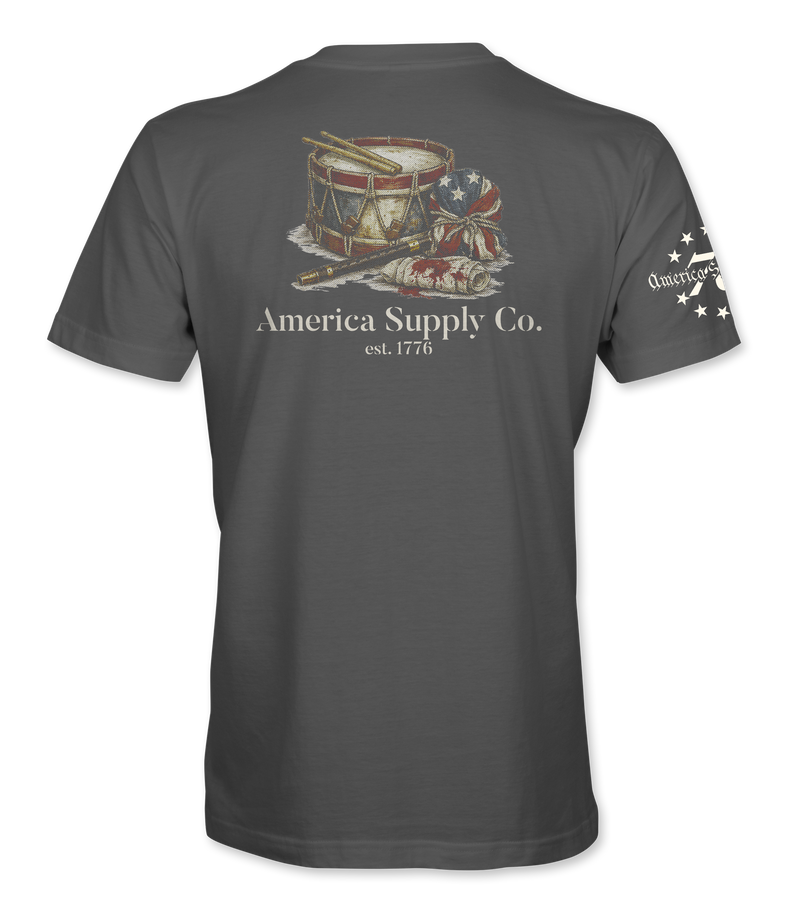 The Alex Jones Store - Back view of gray America Supply Co. 'Est. 1776' t-shirt with vintage drum, fife, and American flag print