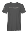 The Alex Jones Store - Front view of gray America Supply Co. 'Est. 1776' t-shirt with center chest text and stars sleeve detail