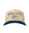 The Alex Jones Store - Tan and navy two-tone America Supply Co. 'Est. 1776' Trucker Hat with rattlesnake oval logo, front view