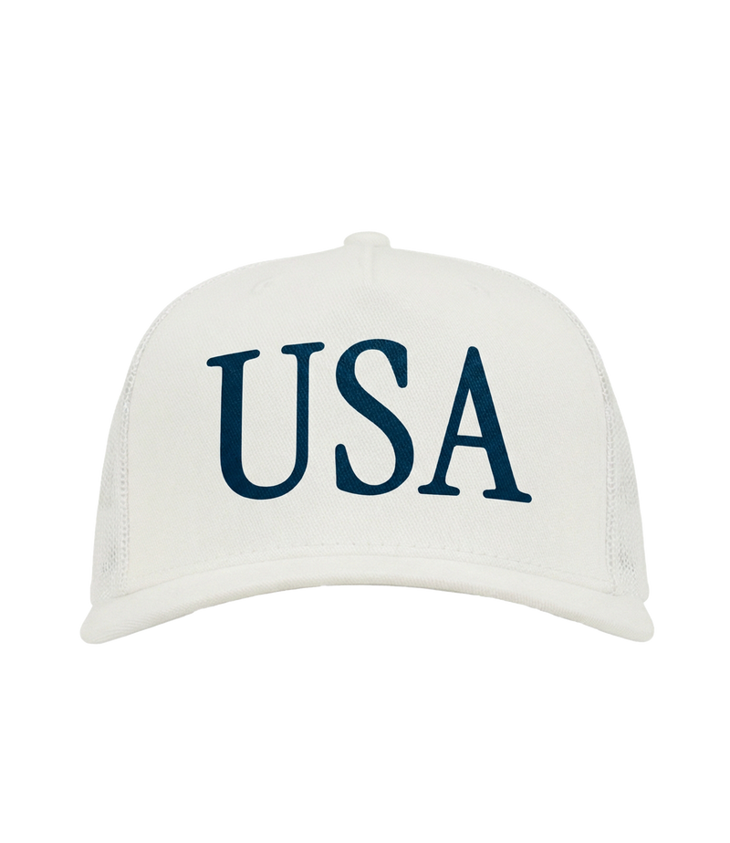 The Alex Jones Store - White 'USA' Premium Trucker Hat with navy serif USA lettering on structured front panel, front view