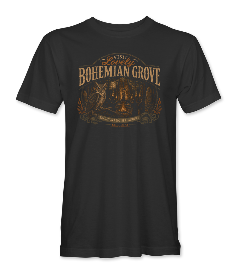 The Alex Jones Store - black Bohemian Grove t-shirt with a vintage travel label reading VISIT Lovely BOHEMIAN GROVE over an owl, a bonfire and TRADITION REQUIRES SACRIFICE