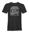 The Alex Jones Store - black George's Demolition Services t-shirt with a vintage engraved advertisement for GEORGE'S DEMOLITION SERVICES — DISCRETE CONTROLLED DEMOLITIONS
