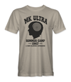 The Alex Jones Store - sand MK Ultra Summer Camp t-shirt with arched MK ULTRA wordmark over a hypnotic spiral inside a profile silhouette, with SUMMER CAMP 1967 beneath