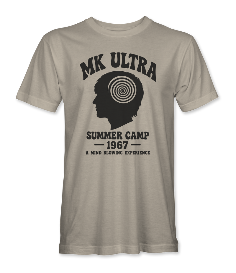 The Alex Jones Store - sand MK Ultra Summer Camp t-shirt with arched MK ULTRA wordmark over a hypnotic spiral inside a profile silhouette, with SUMMER CAMP 1967 beneath