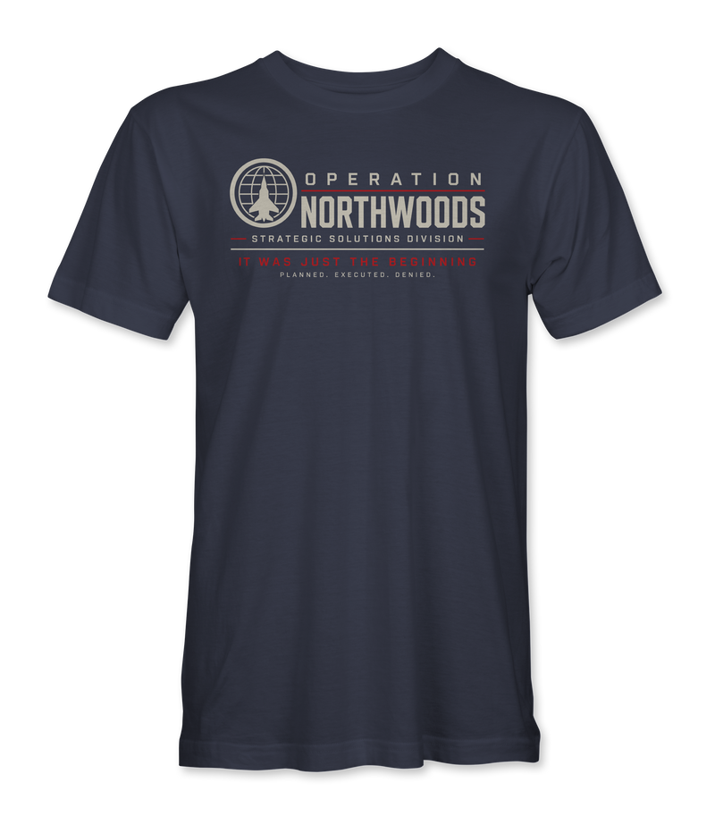 The Alex Jones Store - navy Operation Northwoods t-shirt with a globe-and-fighter-jet roundel beside OPERATION NORTHWOODS, with PLANNED. EXECUTED. DENIED. underneath