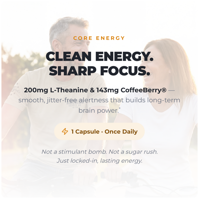Alex Jones Naturals - Ultimate Energy - Natural Caffeine & L-Theanine (30 Capsules) (30 Servings) — Ultimate Energy 'Clean Energy. Sharp Focus.' graphic with 200mg L-theanine and 143mg CoffeeBerry, 1 capsule once daily
